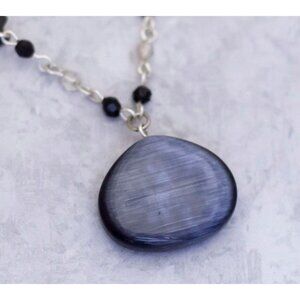 17 inch, Vintage Oval Stone Silver Tone Beads Necklace - CB1